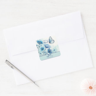 Elegant Blue Floral & Butterfly Custom Quadratischer Aufkleber