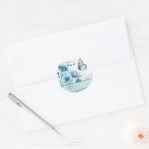 Elegant Blue Floral & Butterfly Custom Runder Aufkleber