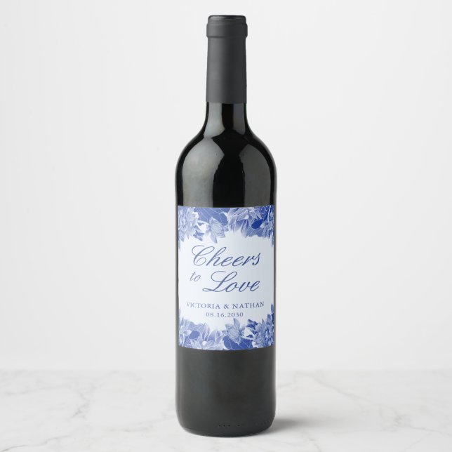Elegant Blue Floral Chinoiserie Chic Wedding Weinetikett (Vorderseite)