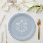 Elegant Blue Floral Crest Monogram Wedding Pappteller<br><div class="desc">Elegant Blue Floral Crest Monogram Wedding Paper Plate. Elegant blue floral crest monogram wedding Paper Plate featuring a delicate vintage botanical wreath surrounding a customizable monogram. Perfect for cocktail hour, wedding receptions, engagement parties, rehearsal dinners, and bridal showers. This timeless blue and white design brings classic European charm to your...</div>