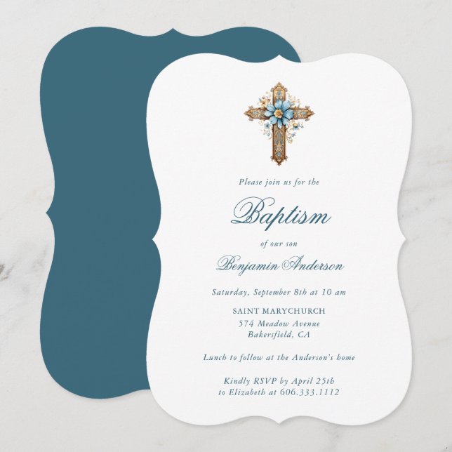 Elegant Blue Floral Cross Boy Taufe Einladung (Vorne/Hinten)