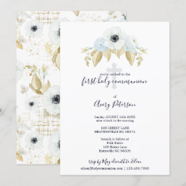 Elegant Blue Floral Cross Erste Heilige Kommune Einladung
