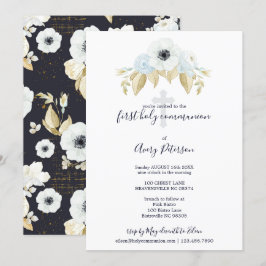 Elegant Blue Floral Cross Erste Heilige Kommune Einladung