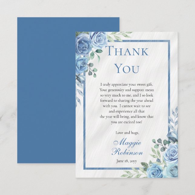 Elegant Blue Floral Dankeschön Card Dankeskarte (Vorne/Hinten)