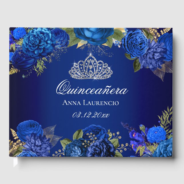 Elegant Blue Floral Diamond Tiara Quinceanera Gästebuch (Vorderseite)