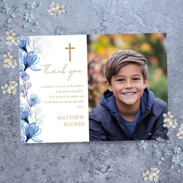 Elegant Blue Floral Foto Bestätigung Dankeskarte (Elegant Blue Floral Photo Confirmation Thank You Card)
