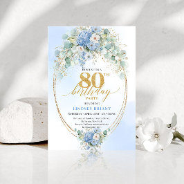 Elegant Blue Floral Gold 80th Birthday Invitation Einladung