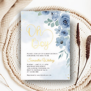 Elegant Blue Floral Gold Boy Baby Shower Folieneinladung