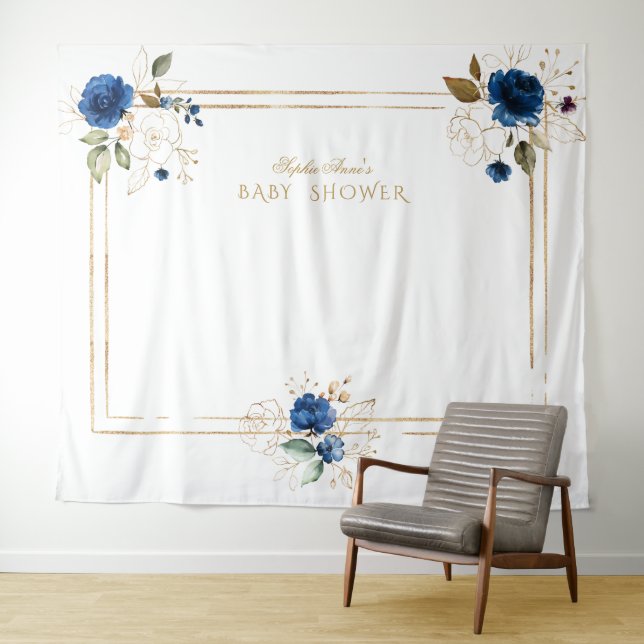 Elegant Blue Floral Gold Boy Baby Shower Prop Wandteppich (Beispiel (Horizontal))