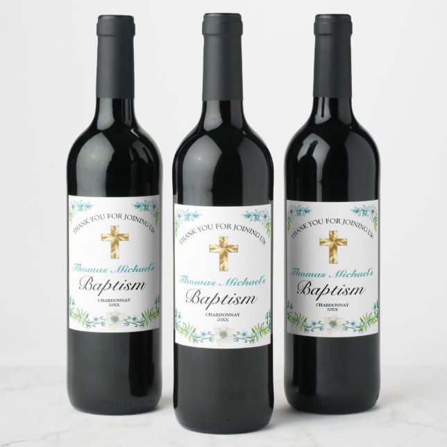 Elegant Blue Floral Gold Cross Baby Taufe Weinetikett (Flaschen)