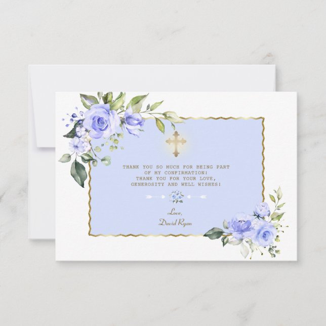 Elegant Blue Floral Gold Cross Boy Bestätigung Dankeskarte (Vorderseite)