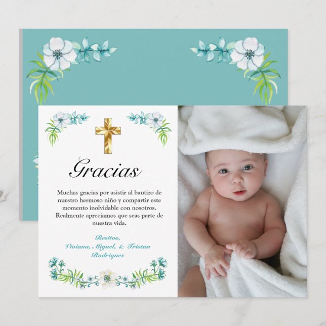 Elegant Blue Floral Gold Cross Spanische Taufe Dankeskarte (Vorne/Hinten)