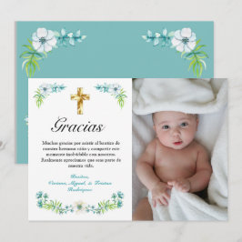 Elegant Blue Floral Gold Cross Spanische Taufe Dankeskarte