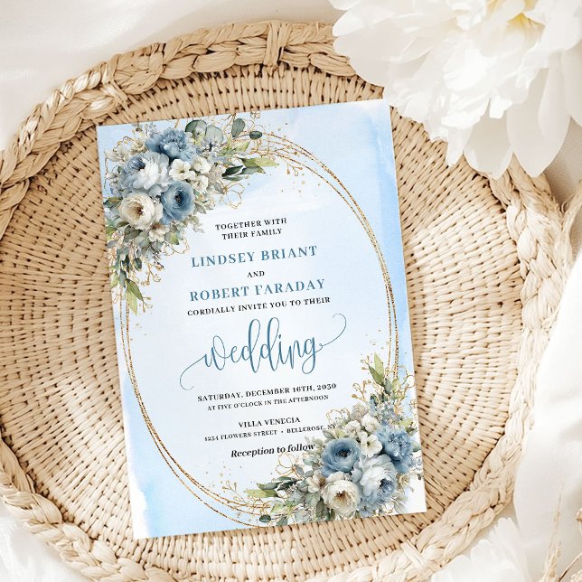 Elegant Blue Floral Gold Glitter Wedding Invite Einladung (Elegant Blue Floral Gold Glitter Wedding Invitation)
