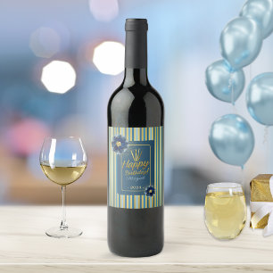 Elegant Blue Floral Gold Streifen Happy Birthday Weinetikett
