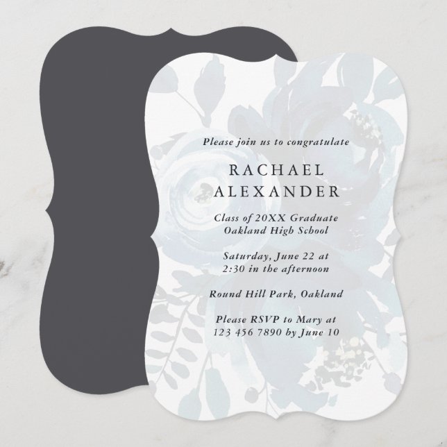 Elégant Blue Floral Graduation Party Invitation (Devant / Derrière)