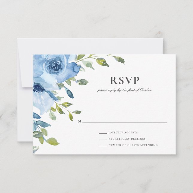 Elegant Blue Floral Greenerity Wedding RSVP Karte (Vorderseite)