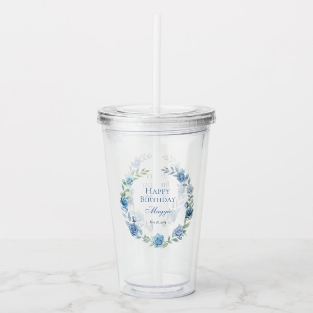 Elegant Blue Floral Happy Birthday Acryltrinkbecher (Vorderseite)