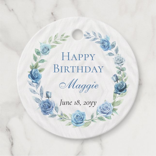 Elegant Blue Floral Happy Birthday Geschenkanhänger (Vorderseite)