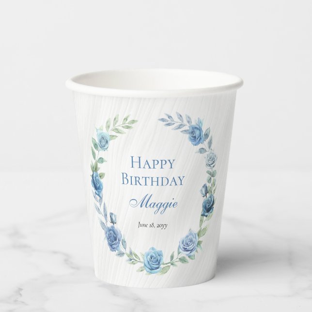 Elegant Blue Floral Happy Birthday Pappbecher (Vorderseite)