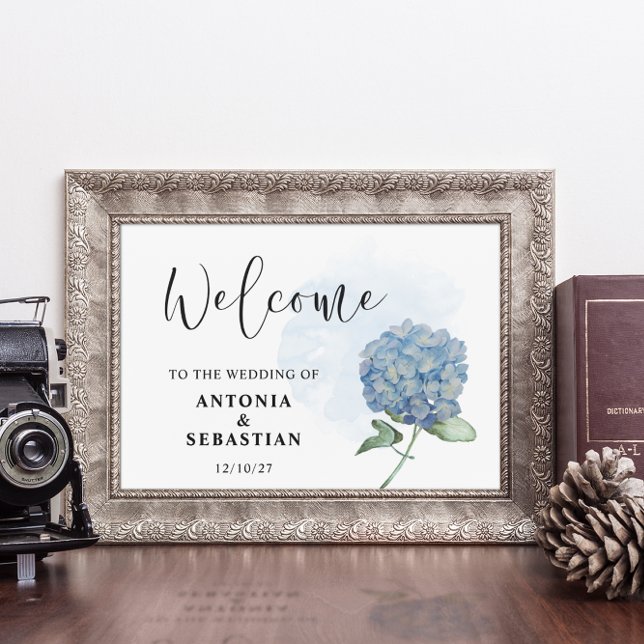 Elegant Blue Floral Hydrangea Wedding Sign Poster (Von Creator hochgeladen)