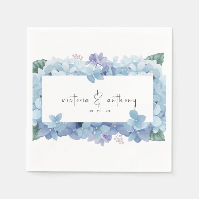 Elegant Blue Floral Hydrangeas Name Datum Hochzeit Serviette (Vorderseite)