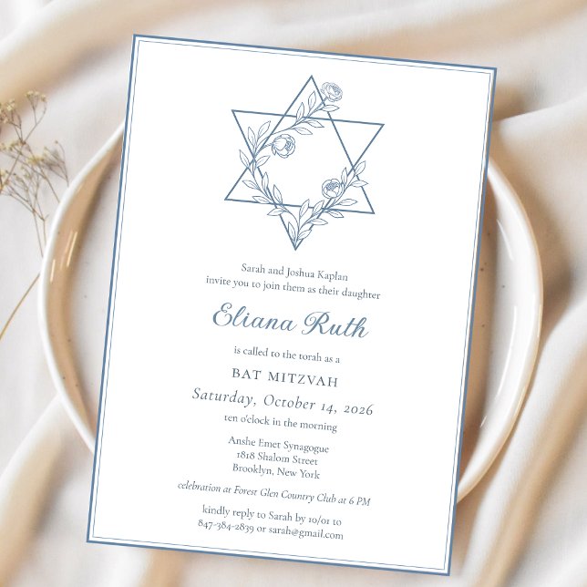Elegant Blue Floral Jewish Star Chic Bat Mitzvah Einladung (Von Creator hochgeladen)