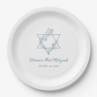 Elegant Blue Floral Jewish Star Chic Bat Mitzvah Pappteller