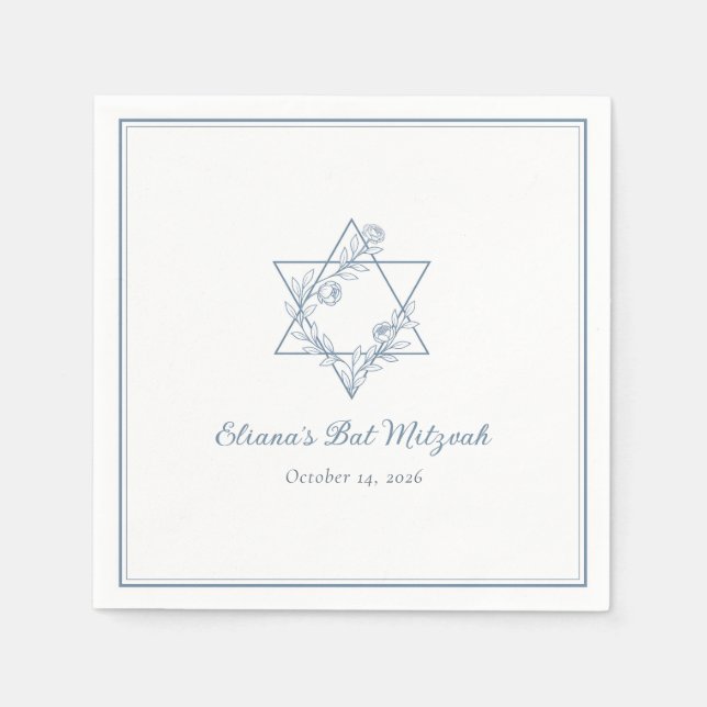 Elegant Blue Floral Jewish Star Chic Bat Mitzvah Serviette (Vorderseite)
