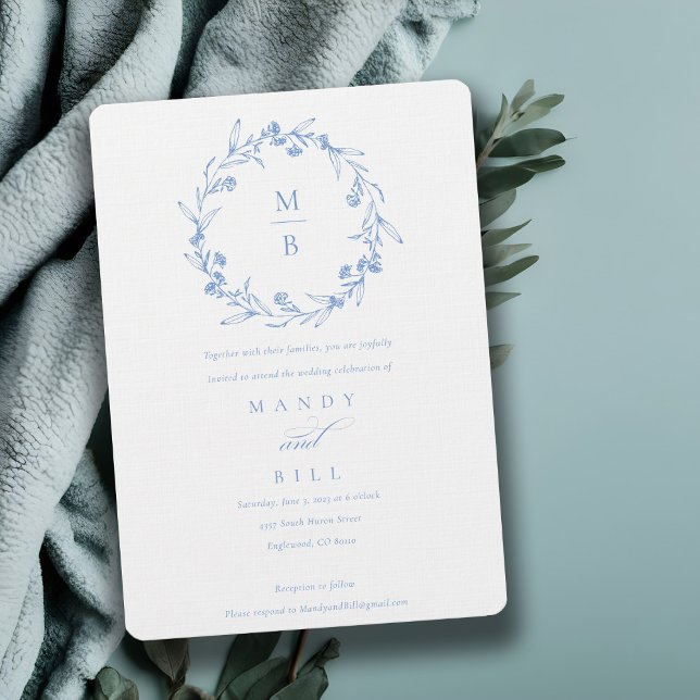 Elegant Blue Floral Laurel Wreath Monogram Wedding Einladung (Von Creator hochgeladen)