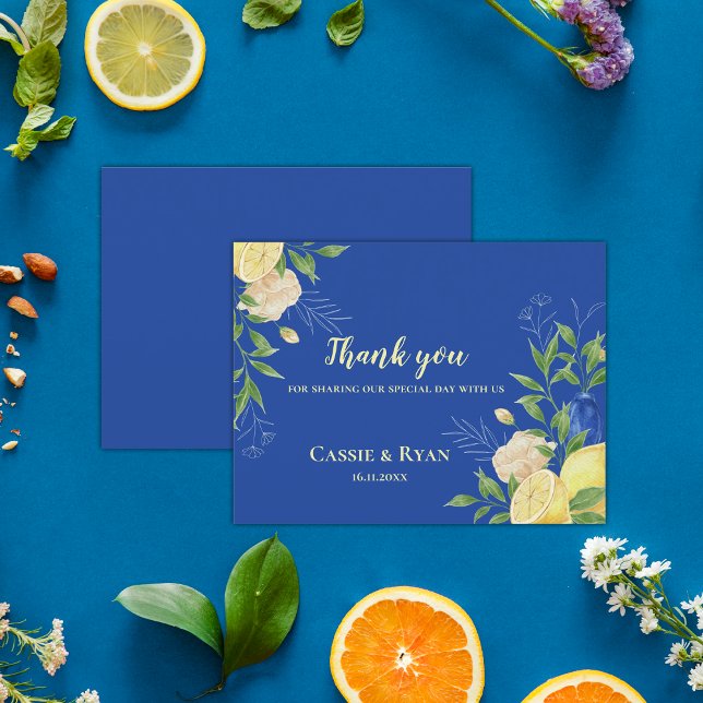 Elegant Blue Floral Lemon Wedding Dankeschön Karte (Elegant Blue Floral Lemon Wedding Thank You Cards)