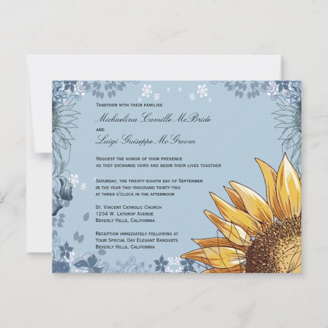 Elégant Blue Floral Mariage formel Invitation (Devant)
