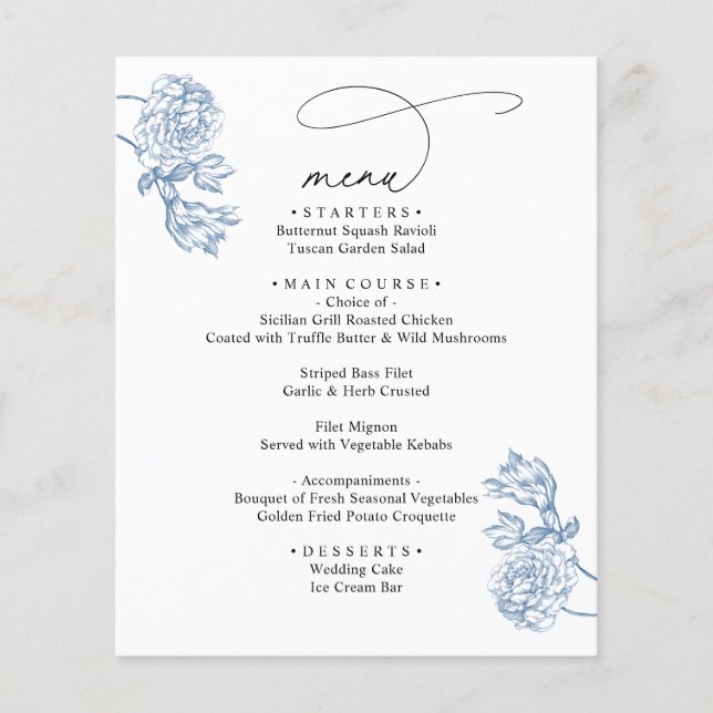 Elegant Blue Floral Modern Script Wedding Menu  (Vorderseite)