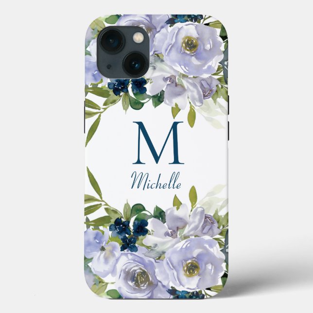Elegant Blue Floral Monogram Name Case-Mate iPhone Hülle (Rückseite)