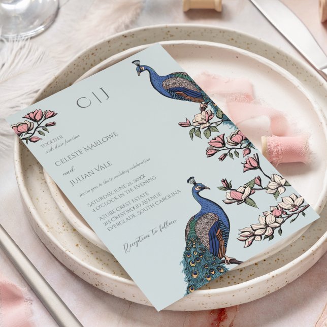 Elegant Blue Floral Peacock Wedding Einladung (Rustic Soft Blue Wedding Invitations. Hand-Drawn Blue & Teal Peacocks Perched on Magnolia Branches.)