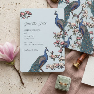 Elegant Blue Floral Peacock Wedding Save The Date
