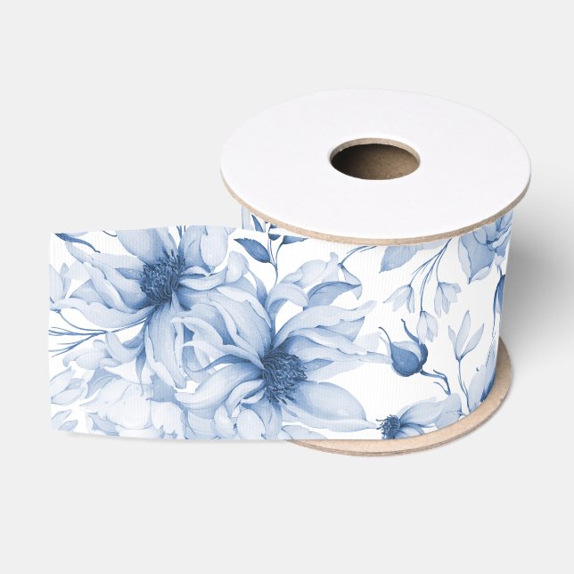 Elegant Blue Floral Peony Grosgrain Ribbon Ripsband (Spule)