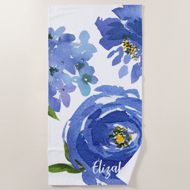 Elegant Blue Floral Peony Watercolor Personalisier Strandtuch (Vorderseite)
