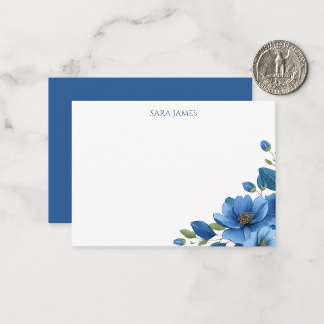 Elegant Blue Floral Personal Stationery Note Card Mitteilungskarte (Vorderseite/Rückseite Beispiel)