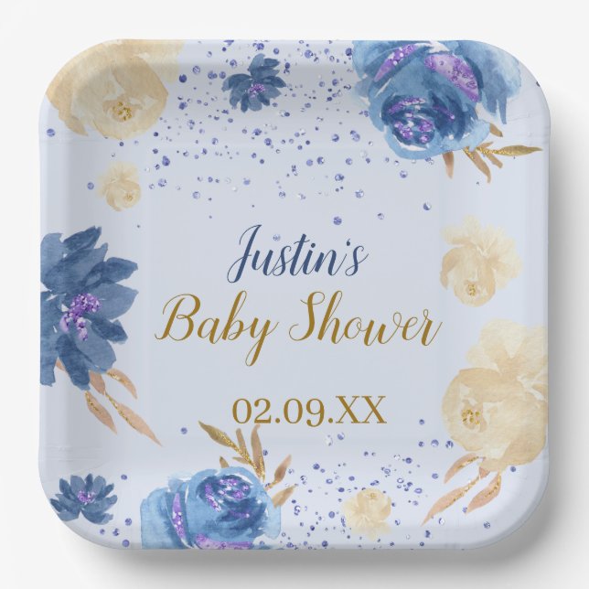 Elegant Blue Floral Pumpkin Baby Shower Pappteller (Vorderseite)