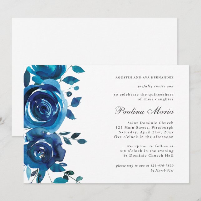 Elegant Blue Floral Quinceañera Invitation Einladung (Vorne/Hinten)