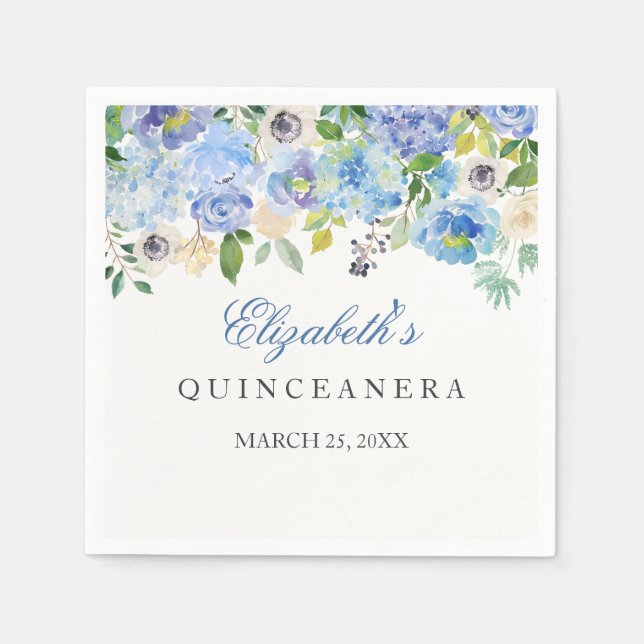 Elegant Blue Floral Quinceanera Napkin Serviette (Vorderseite)