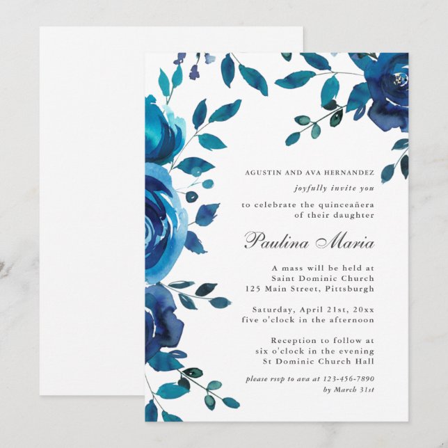 Elegant Blue Floral Quinceñera Einladung (Vorne/Hinten)
