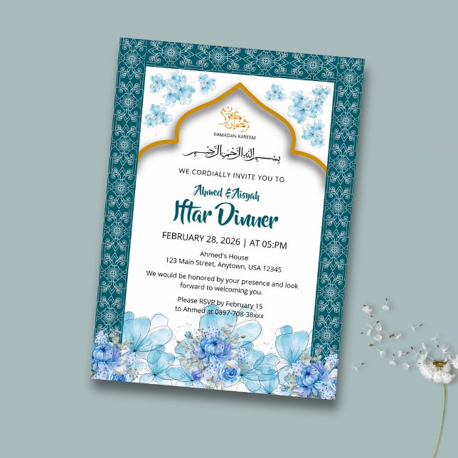 Elegant Blue Floral Ramadan Iftar Invitation (Créateur téléchargé)