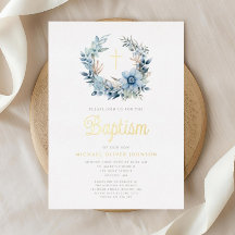 Elegant Blue Floral Religious Boy Baptism Gold