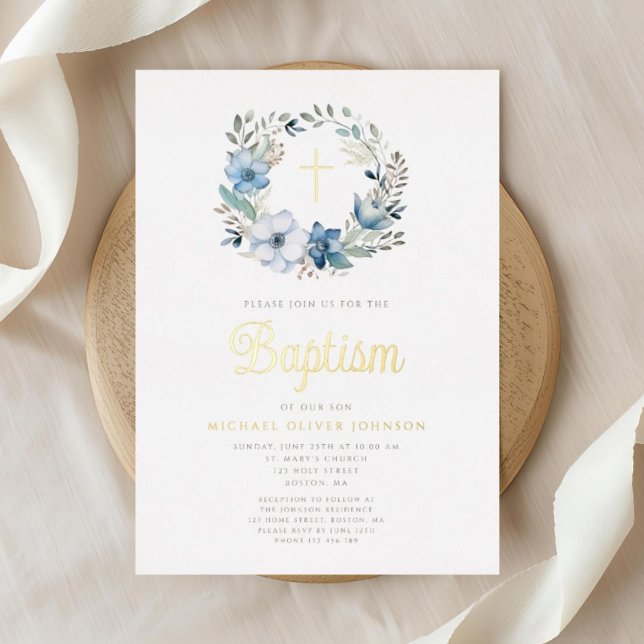 Elegant Blue Floral Religious Boy Baptisse Folieneinladung (Elegant Blue Floral Religious Boy Baptism Foil Invitation)