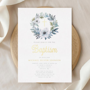Elegant Blue Floral Religious Boy Baptisse Folieneinladung