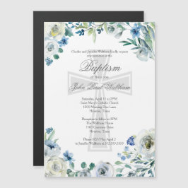 Elegant Blue Floral Religious Cross Baptism Magneteinladung