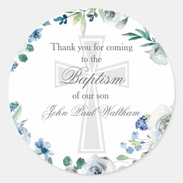 Elegant Blue Floral Religious Cross Baptism Runder Aufkleber (Vorderseite)