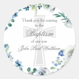 Elegant Blue Floral Religious Cross Baptism Runder Aufkleber